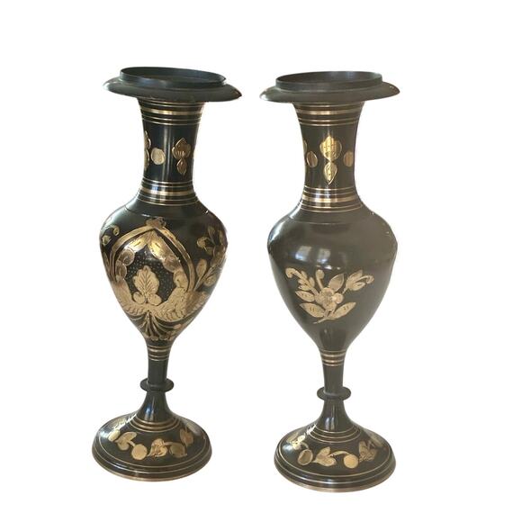 Vintage Moradabad Brass Vase Pair – Black & Gold Floral-10'' - Picture 1 of 4